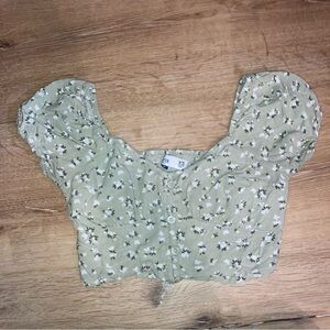 Hollister Women’s Green Floral Top Crop Coquette Babydoll Milkmaid Size XS